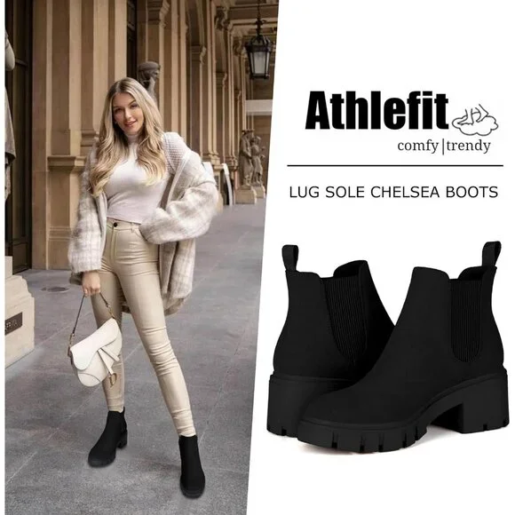 Women's Chelsea Boots Fashion Lug Sole Chunky Heel Slip on Ankle Booties Black S - Picture 2 of 6